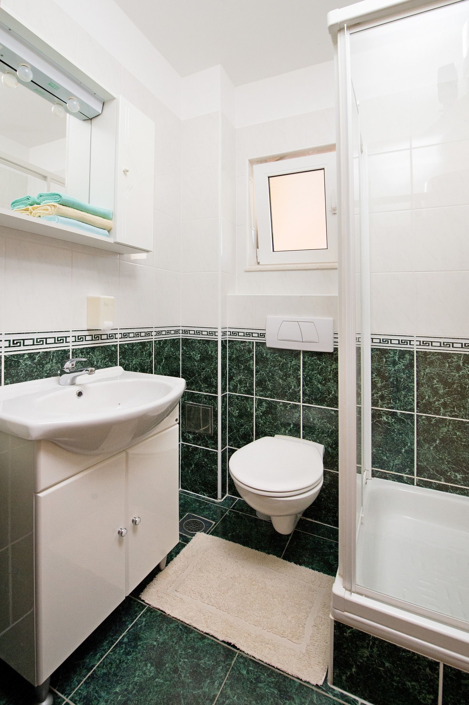 A bathroom with a white sink, a toilet, a shower, and a mirror above the sink.