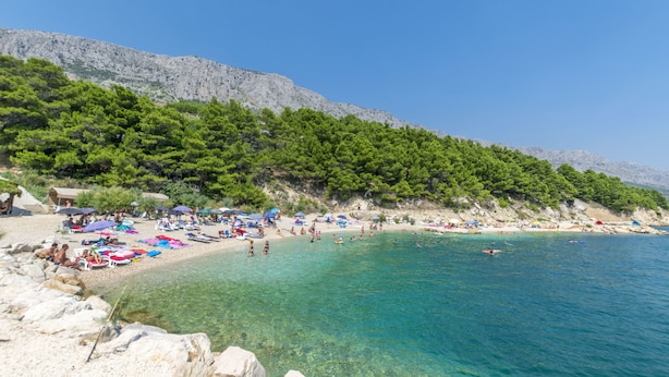 A beach with clear turquoise water, rocky shore, and lush green trees. - Apartments Lorenzo (Lokva Rogoznica)
