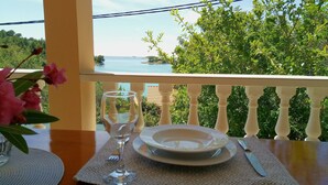 A table with a plate, glass, and cutlery on a patterned mat, overlooking a coastal view with greenery and a body of water.