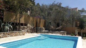 A swimming pool with a stone wall and a thatched roof structure.