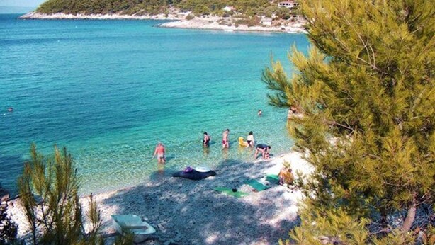 A beach with clear turquoise water, people swimming, and a rocky shoreline with pine trees.