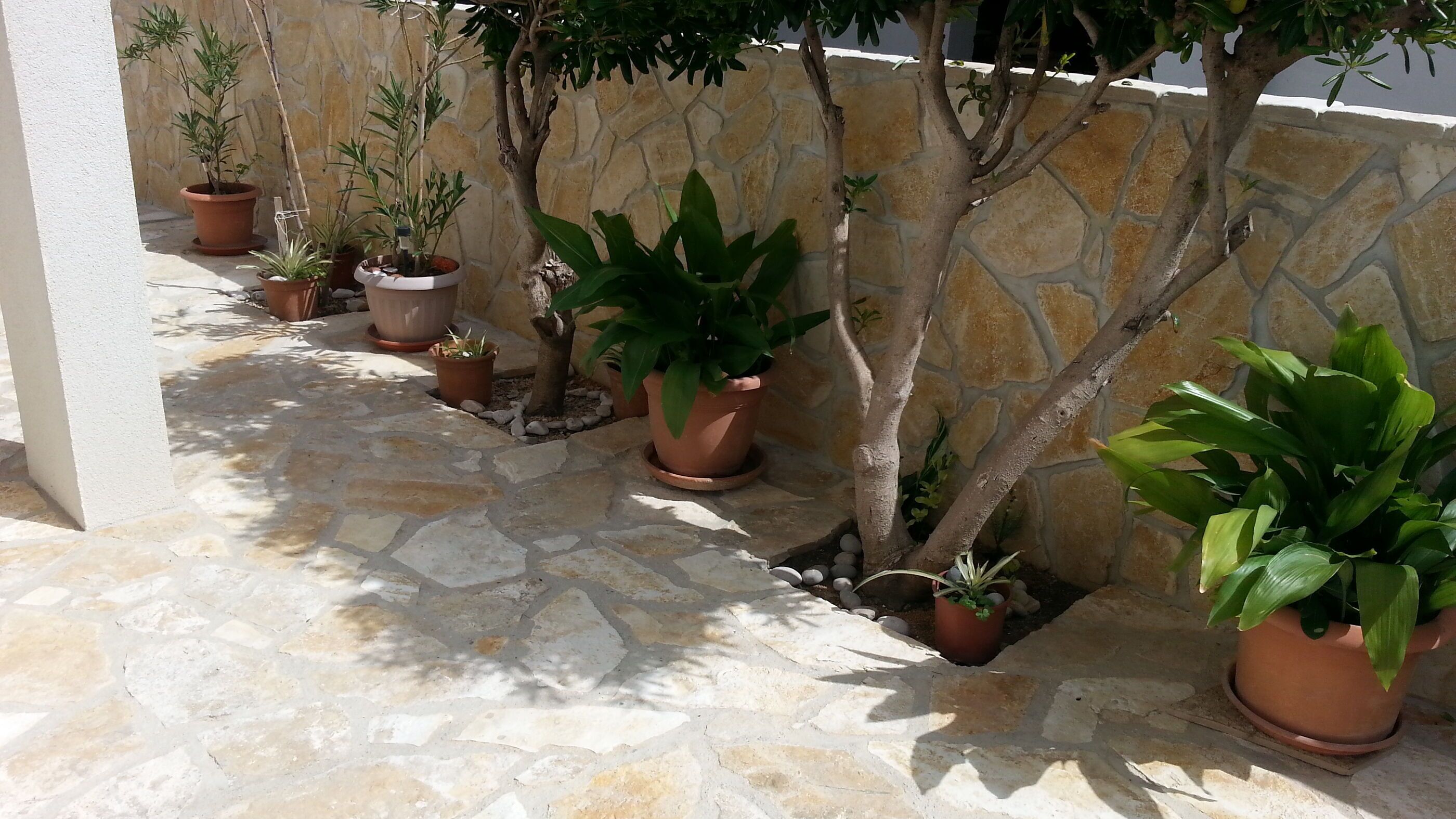 Un patio con baldosas de piedra, plantas en macetas y un muro de piedra.