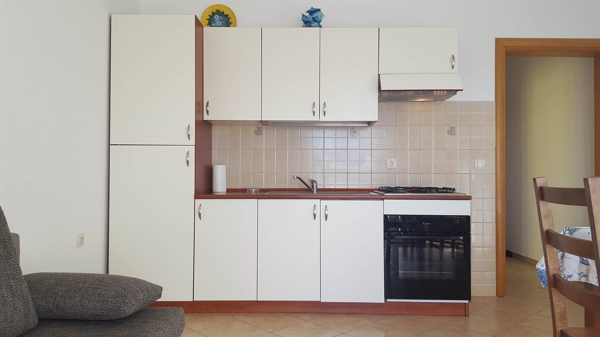 A compact kitchen with white cabinets, a built-in dishwasher, and a stove.