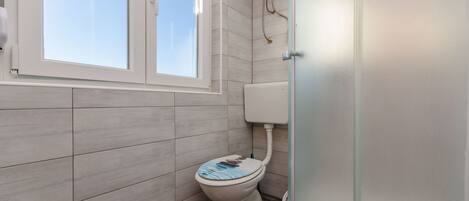 A bathroom with a toilet, a window, and a shower area.