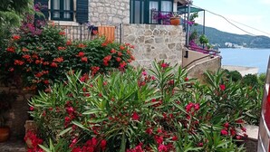 Una casa in pietra con persiane verdi, un balcone con piante in vaso e vista sul mare.
