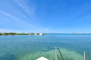 A clear view of a calm body of water with a distant shoreline, a metal railing, and a clear sky. - Apartment Danica (Sukosan)