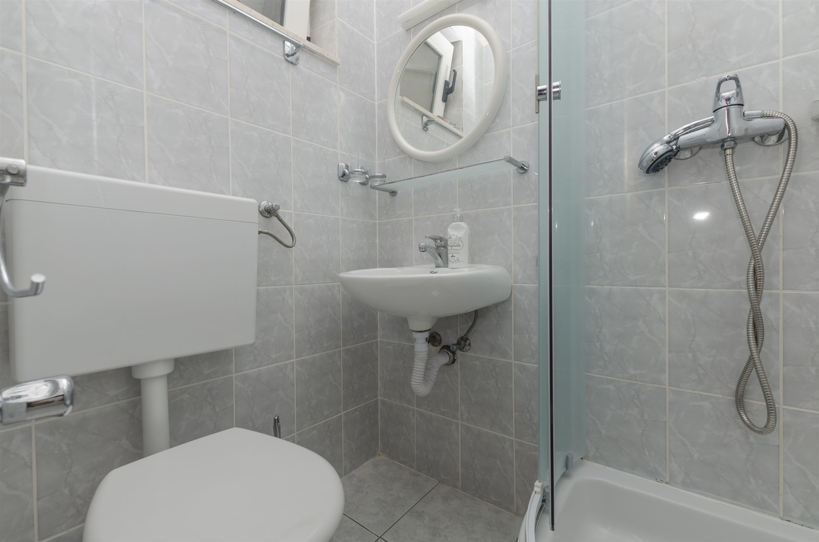 Une salle de bain équipée de toilettes, d’un lavabo, d’un miroir et d’une douche.