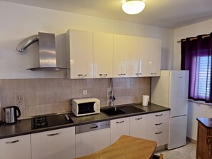 Apartment (A1) | Eigene Küche | Kühlschrank, Mikrowelle, Ofen, Herdplatte