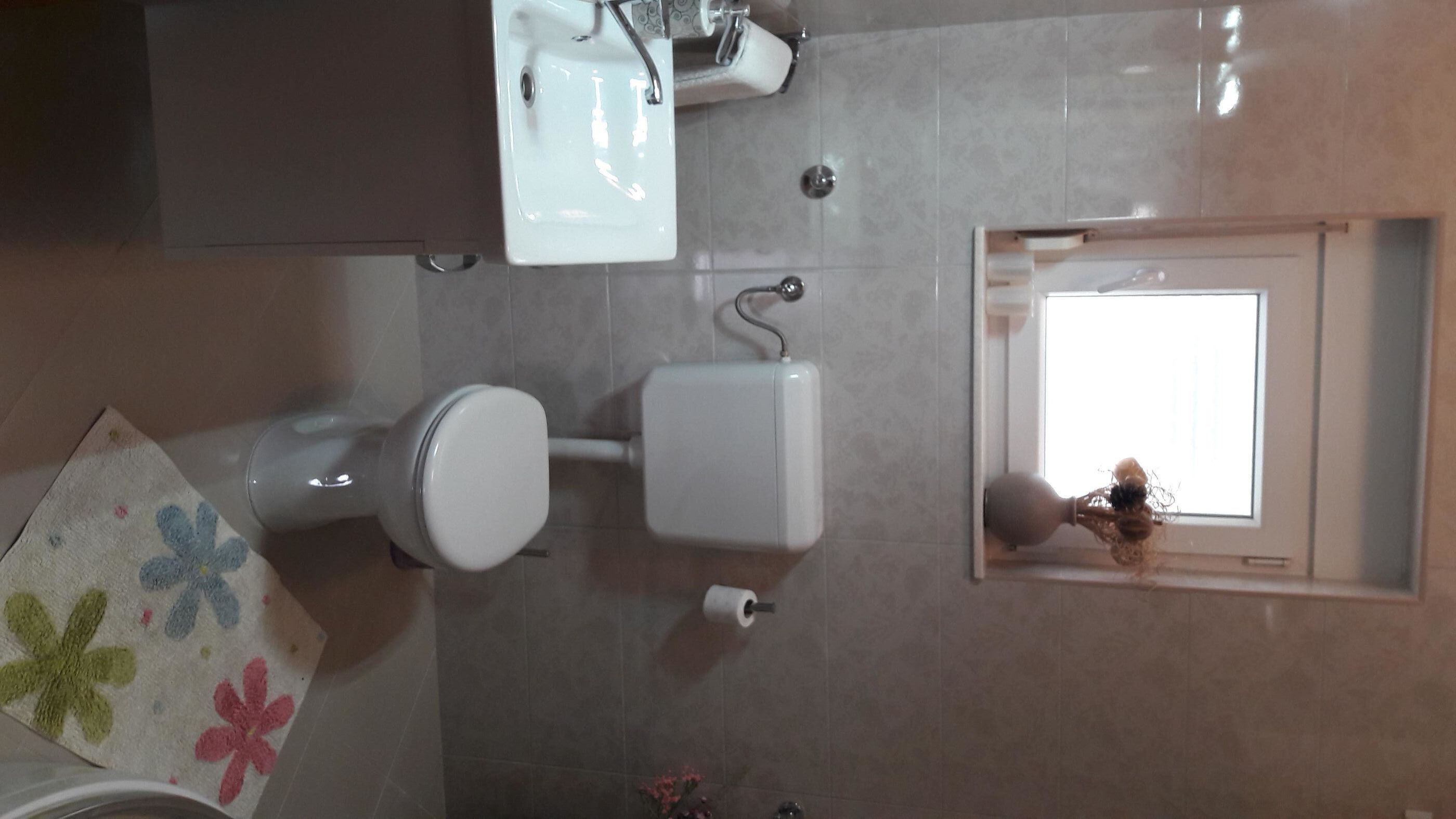 A bathroom with a toilet, sink, and a small window.