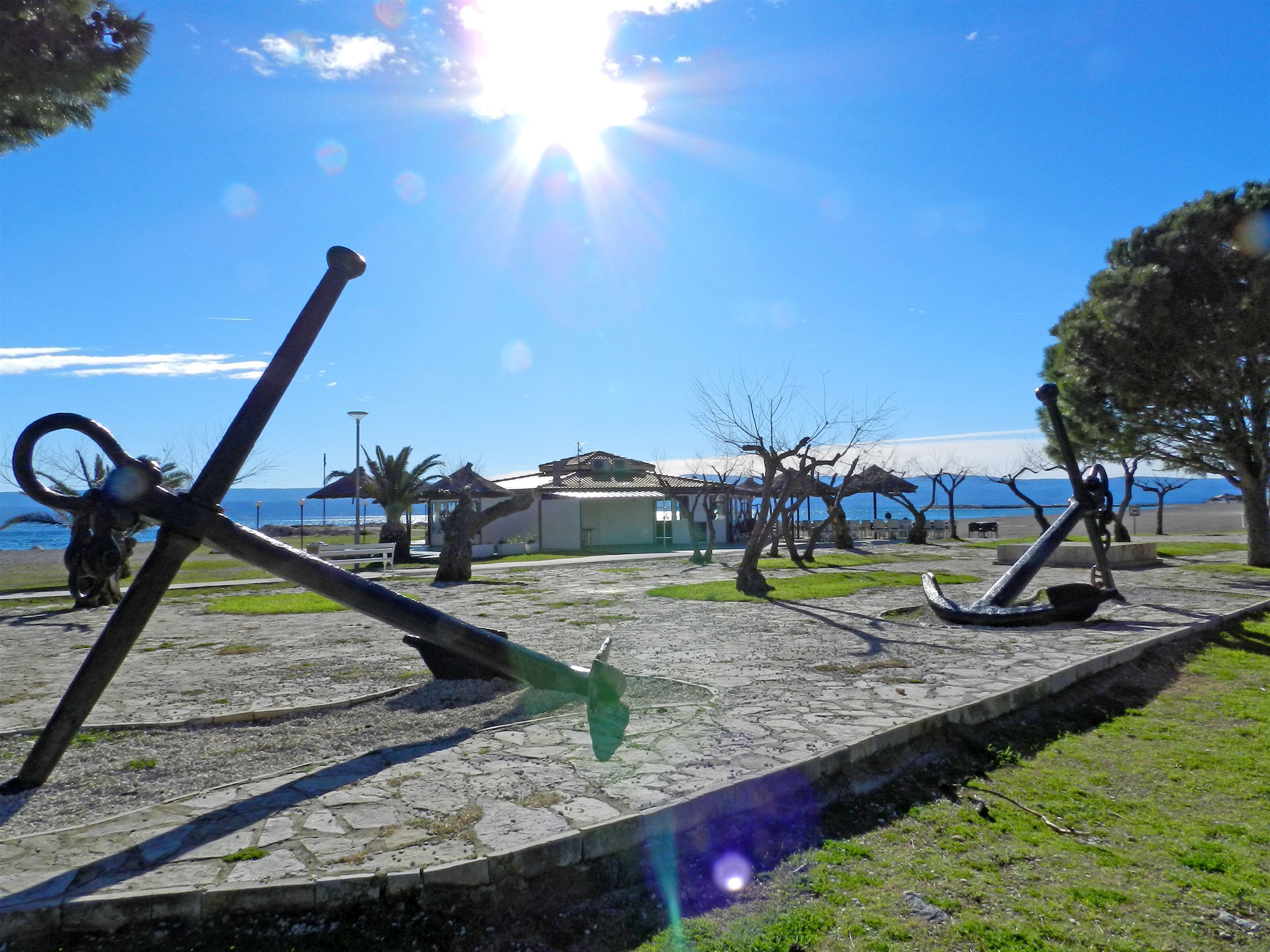 Une zone côtière avec un sol pavé de pierres, plusieurs arbres et un bâtiment doté d’un toit en tuiles.