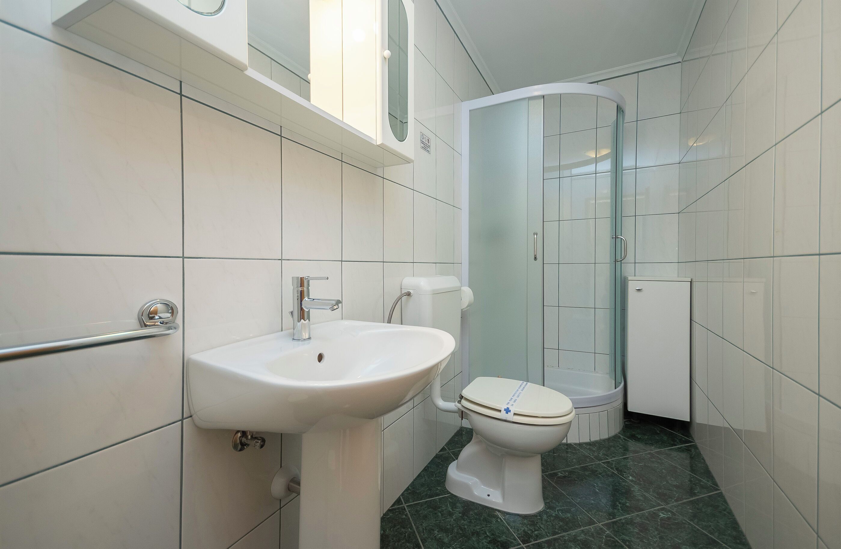 A modern bathroom with a white sink, toilet, and glass shower enclosure.