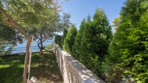Un muro di sostegno in pietra, con un albero a sinistra e alberi sempreverdi fitti a destra.