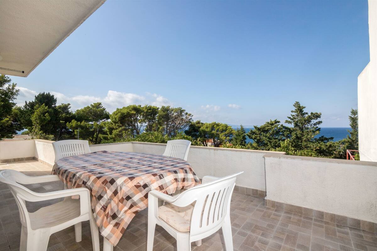 Une terrasse avec une table et des chaises, une nappe à carreaux et une vue sur la mer et les arbres.