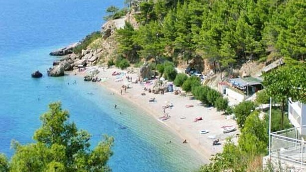 Una playa costera con aguas azul turquesa, una orilla arenosa y árboles verdes frondosos.