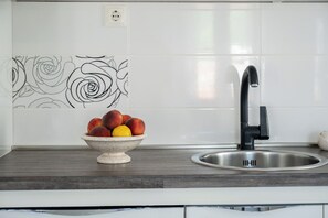 Apartment (A1) | Private kitchen | Fridge, microwave, oven, stovetop