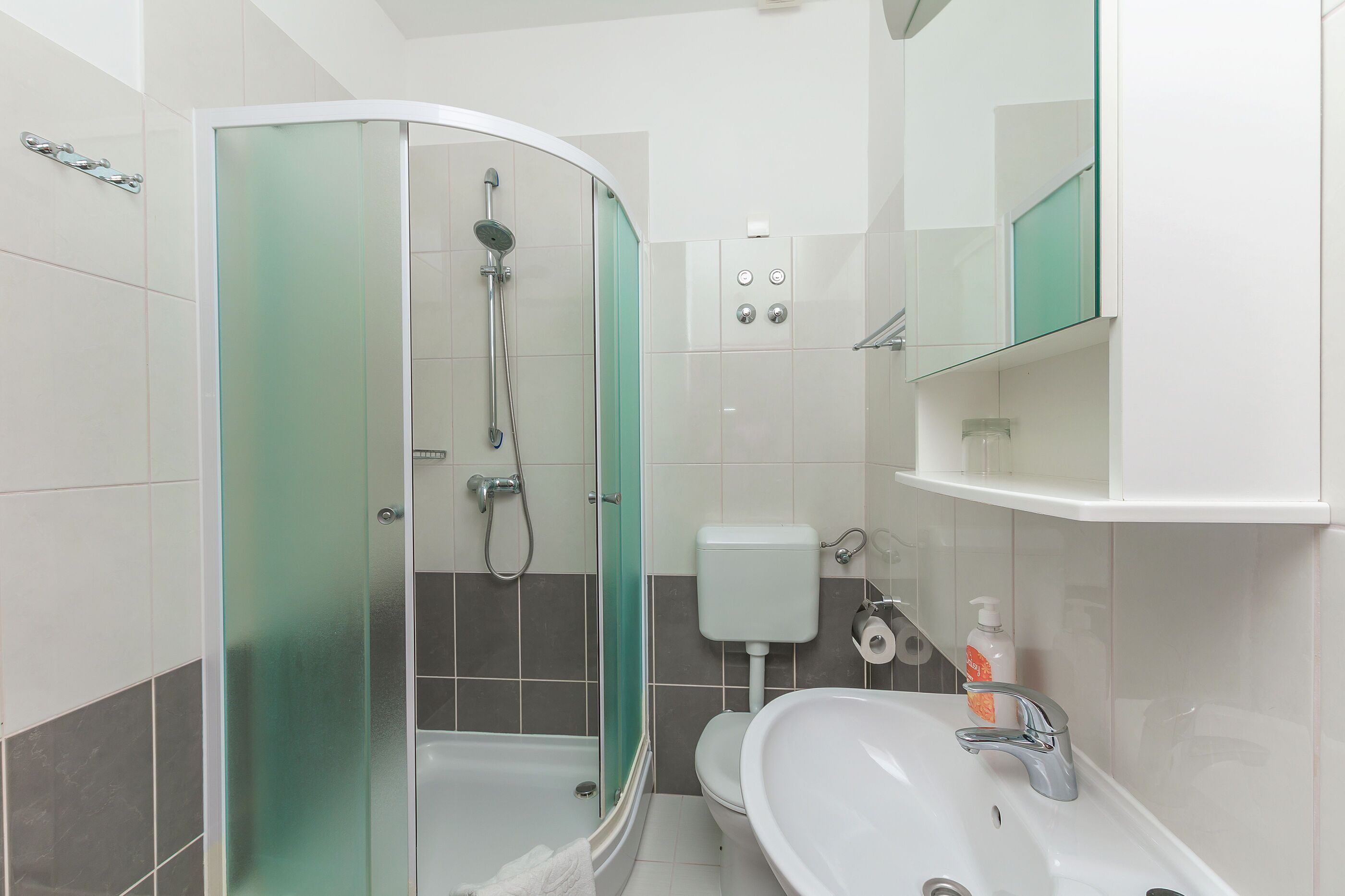 A modern bathroom with a glass-enclosed shower, a white sink, and a mirror above the sink.