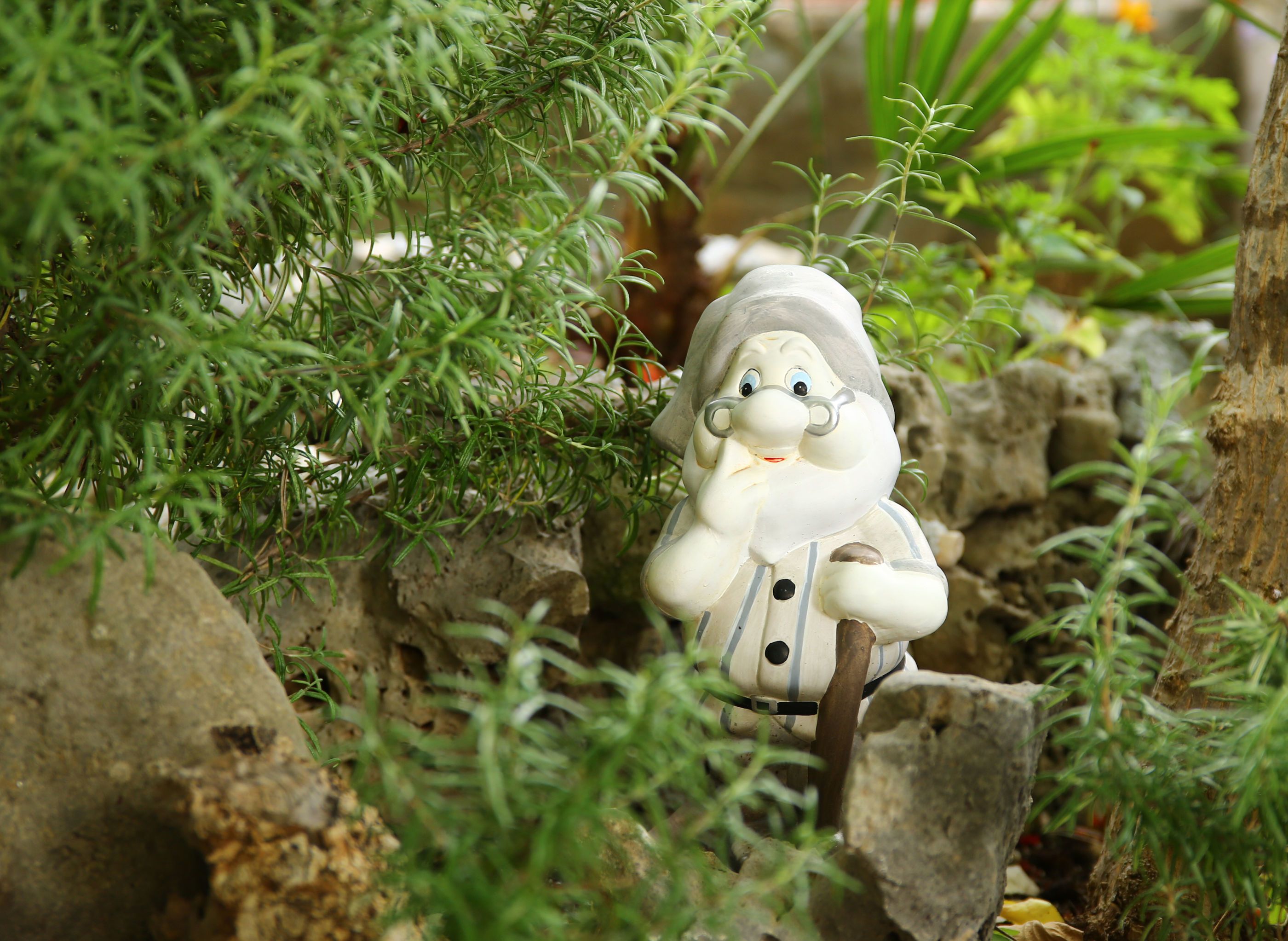 A garden statue of a character with a hat and a pipe, surrounded by greenery and rocks.
