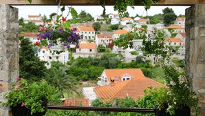 A balcony with hanging flower baskets and a view of a hillside town. - Apartments Boro (Splitska)
