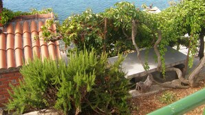 A view of a coastal area with a tiled roof, greenery, and a body of water. - Apartment Zeljka (Seget Vranjica)