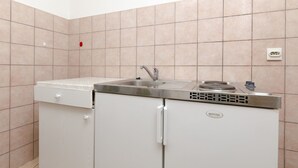 A kitchenette with a sink, a stove, and a cabinet. - Apartments Mirko (Okrug Gornji)