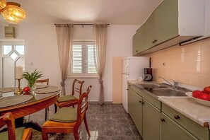 Apartment (A2) | Private kitchen | Fridge, microwave, electric kettle, cookware/dishes/utensils