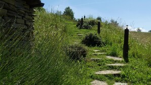 Un sendero de piedra conduce a un edificio rústico de piedra con techo inclinado, rodeado de abundante vegetación y flores silvestres.