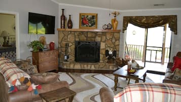 Télévision, cheminée, livres