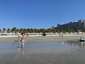 Beach nearby, sun loungers