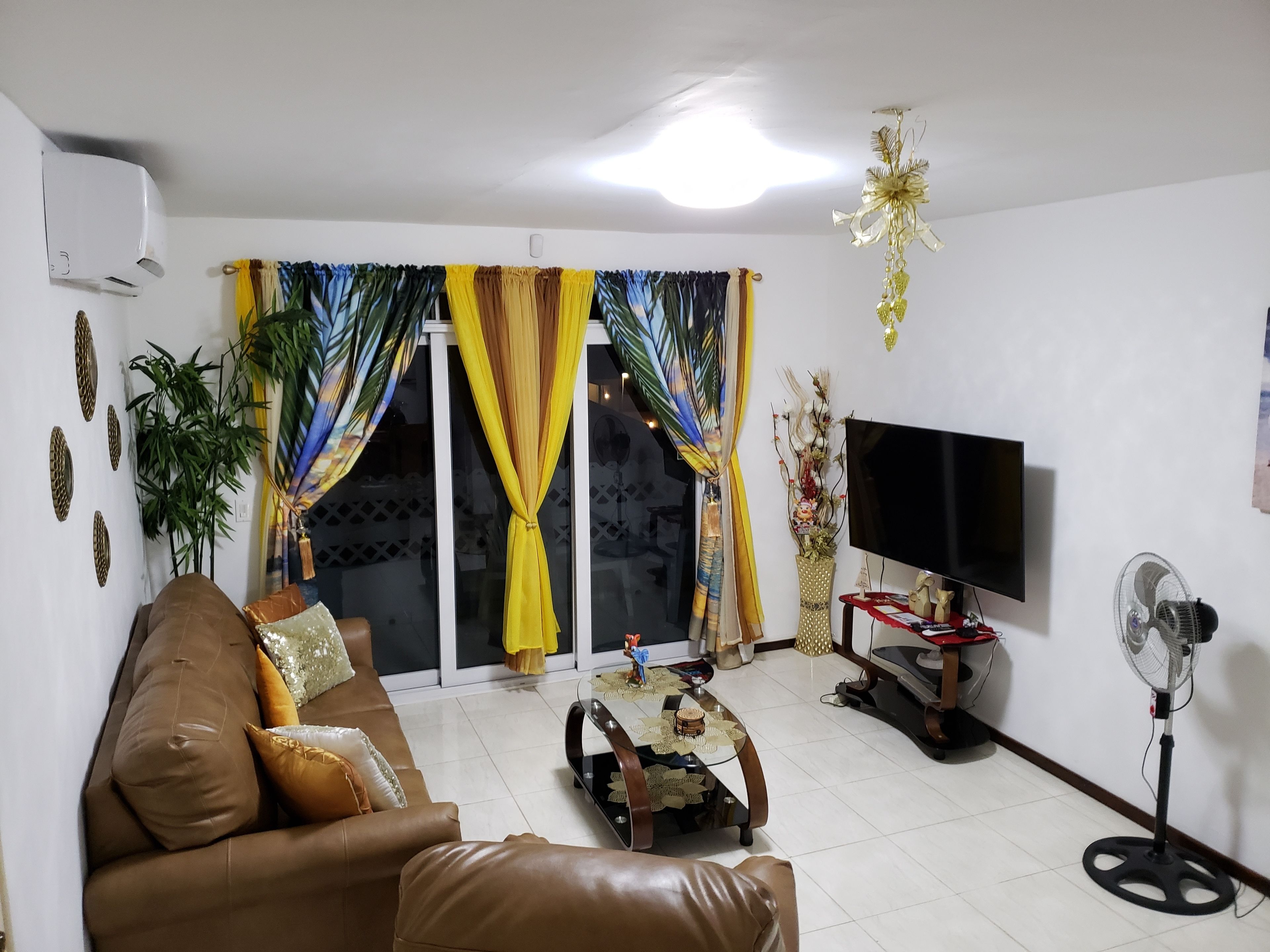 Un salon avec un canapé en cuir marron, un téléviseur à écran plat, un ventilateur sur pied et une plante décorative.