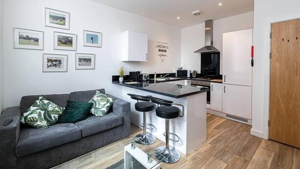A modern apartment with a grey sofa, a kitchen with a black stove, and a wooden door.