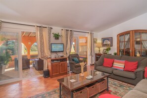 Televisión, chimenea, reproductor de DVD y libros 