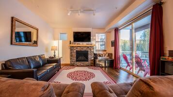 Smart TV, fireplace, DVD player, books