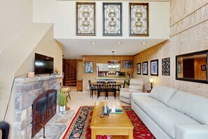 TV, DVD player, video library, stereo