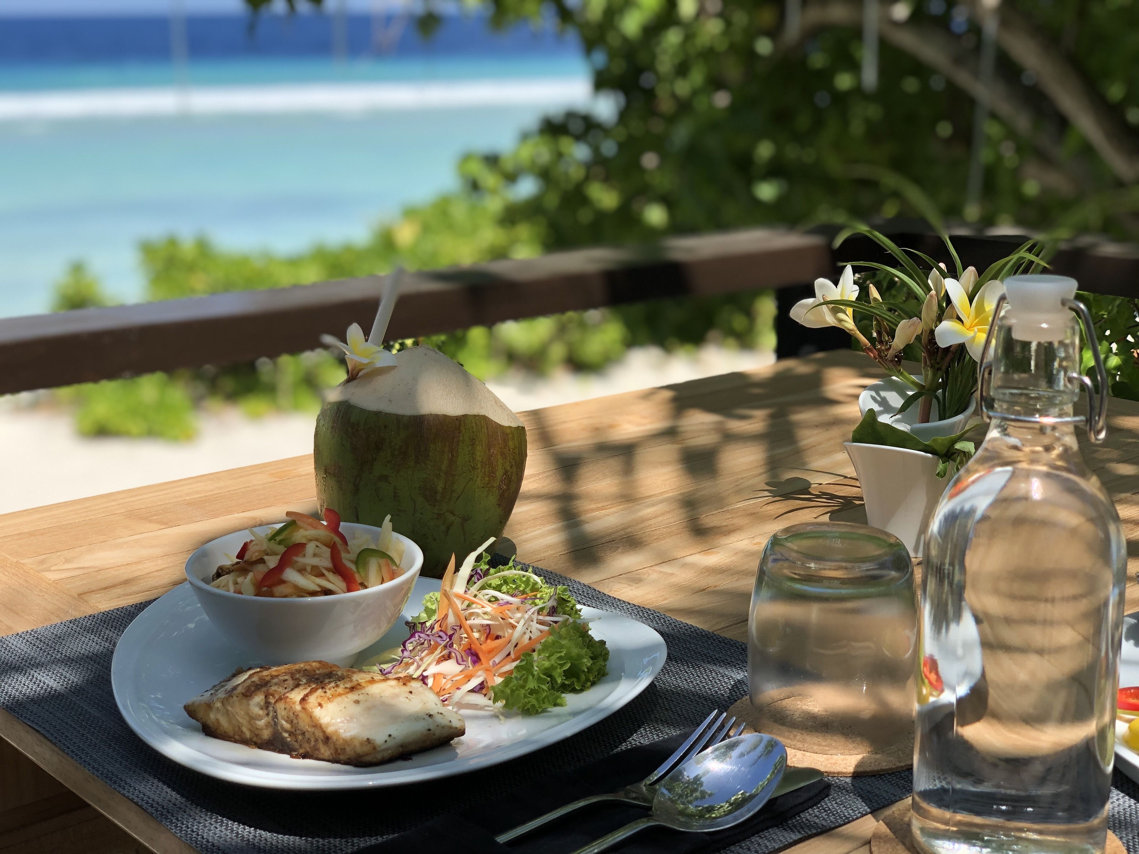A wooden table with a meal consisting of a fish, salad, and a coconut drink, set against a backdrop of a beach and greenery.