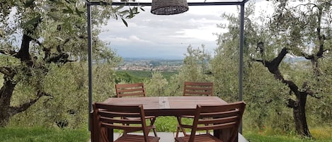 Un área de estar al aire libre con una mesa y sillas, rodeada de olivos y vistas a un pueblo lejano.