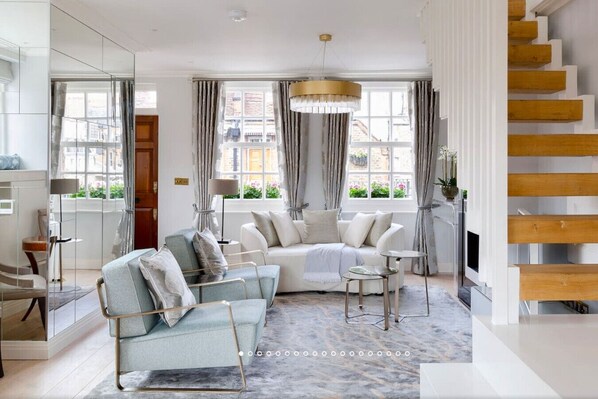 TV, fireplace, books