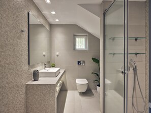 Combined shower/tub, hair dryer, towels, soap