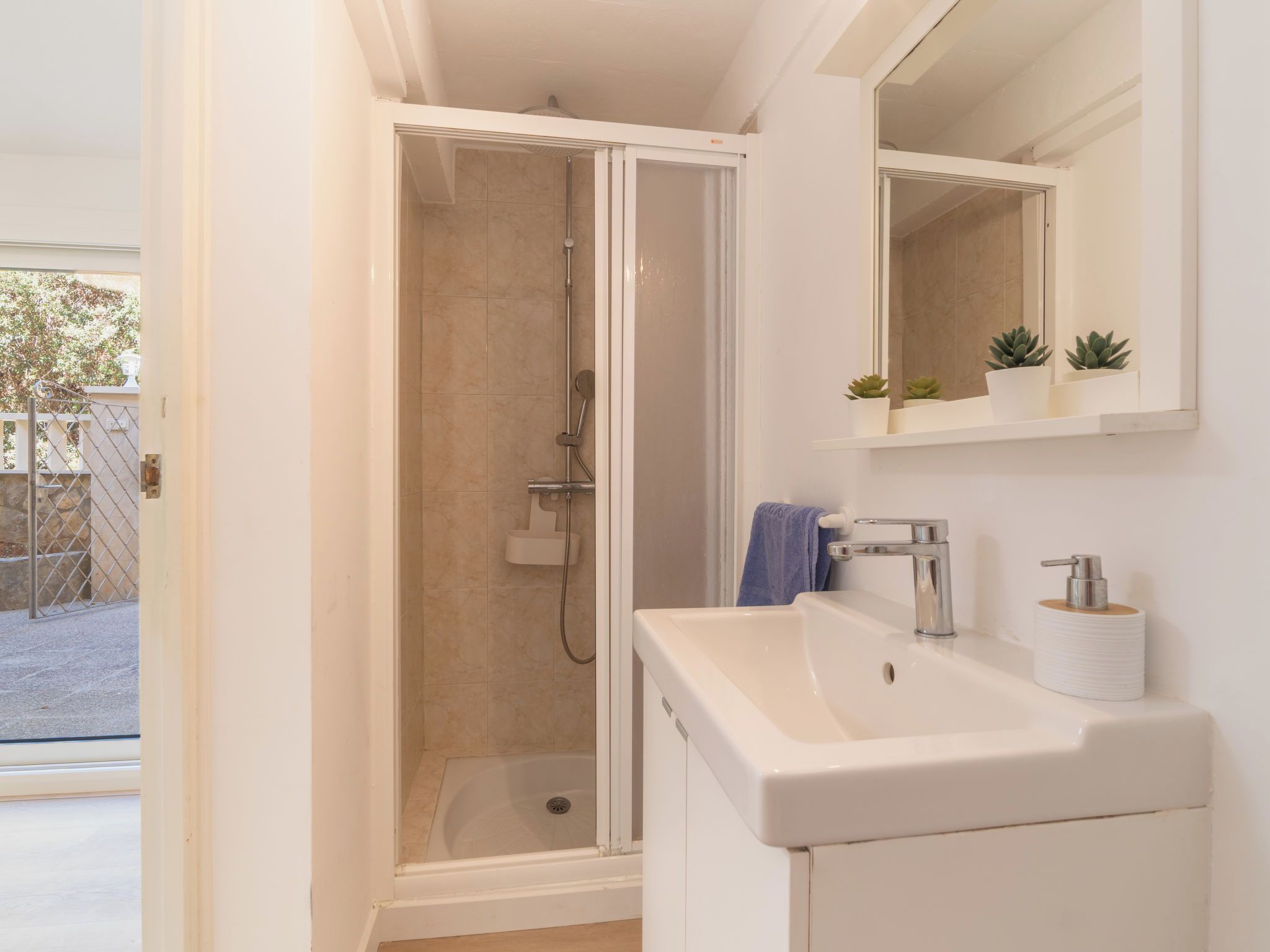 Une salle de bain moderne avec une douche à parois de verre, un lavabo blanc avec un miroir au-dessus, et une petite plante en pot posée sur l’étagère.