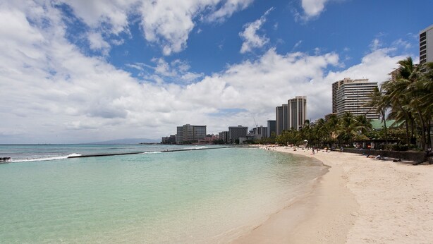 A beach with clear turquoise water, a sandy shore, and a city skyline with tall buildings in the background.