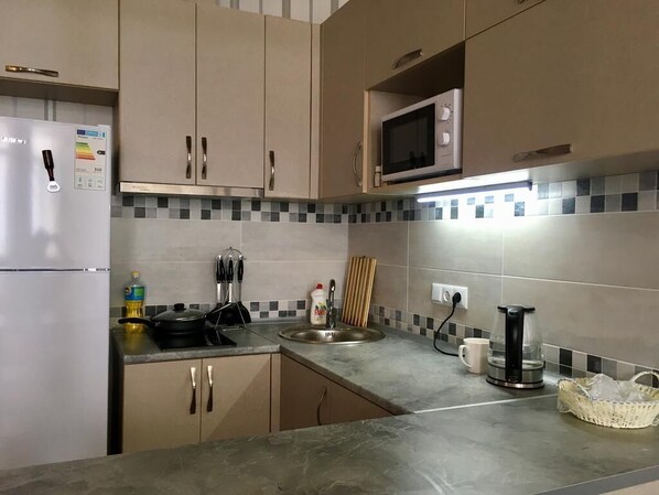 Fridge, microwave, stovetop, electric kettle