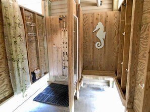 Combined shower/tub, hair dryer, towels, soap