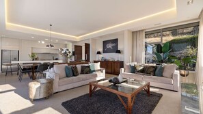 A modern living room with a sofa, coffee table, and dining area.