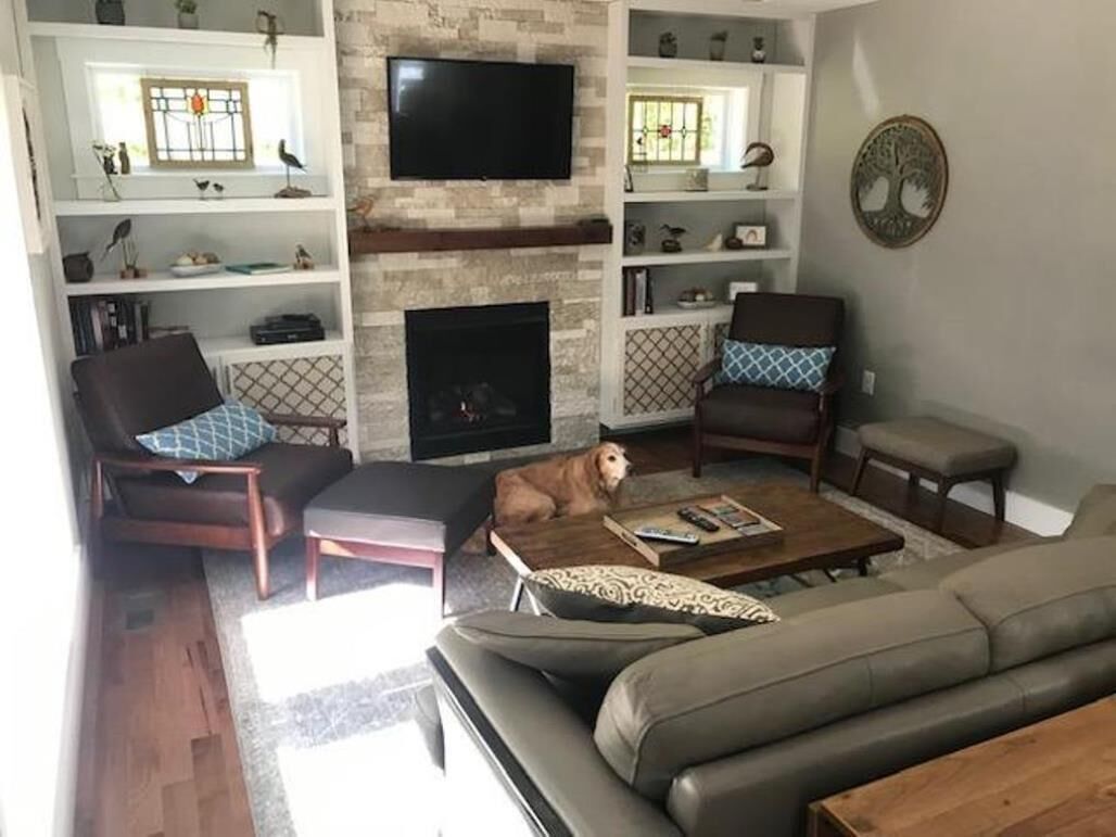 Smart TV, fireplace, DVD player, books