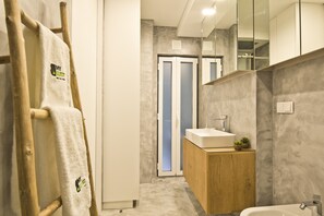 Shower, hair dryer, towels