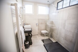 Douche, sèche-cheveux, serviettes fournies, savon