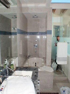 Hair dryer, towels, soap, toilet paper