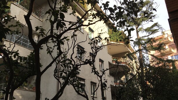 Un edificio de varios pisos con balcones, rodeado de árboles y follaje.