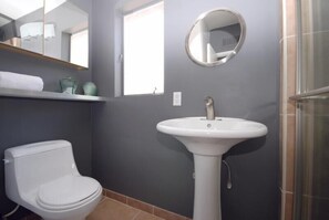 Douche, douche à « effet pluie », sèche-cheveux, serviettes fournies