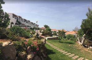 Stroll through the beautifully landscaped garden, featuring a variety of shrubs and flowering plants, along a stone pathway.