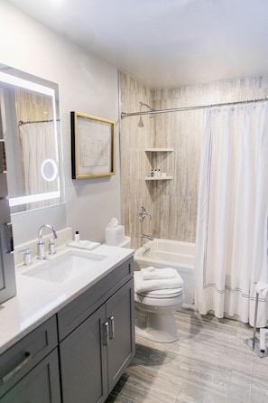 Combined shower/tub, hair dryer, towels, soap